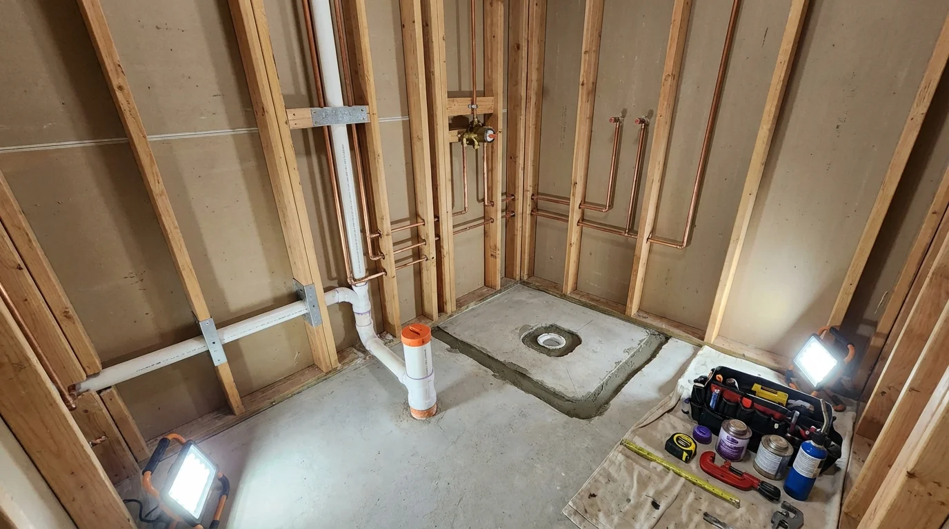 Bathroom rough-in plumbing during remodel by Johns Plumbing LLC in Puyallup