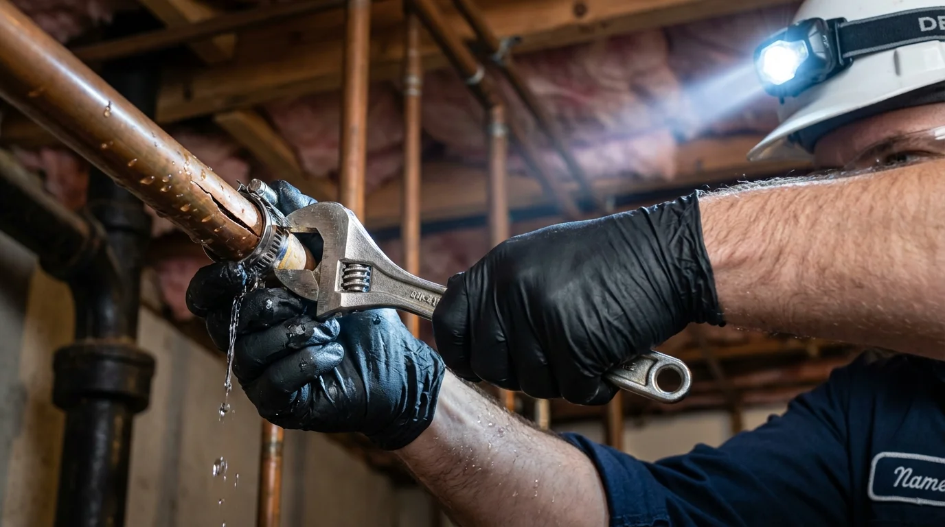 Emergency pipe clamp repair being performed by a Johns Plumbing LLC plumber in Puyallup