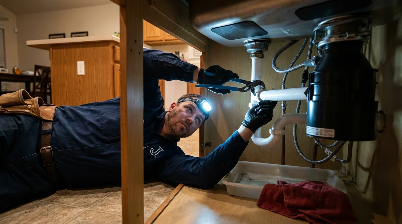 P-trap and supply line connections under a kitchen sink showing a common leak point in Puyallup, WA